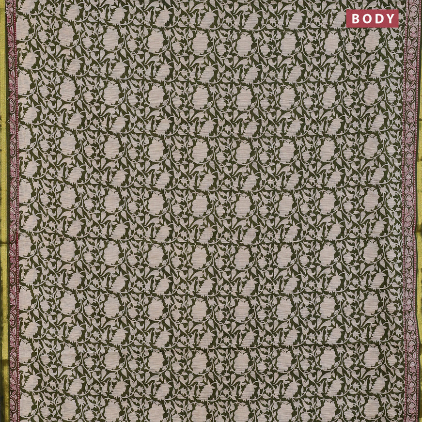 Muslin cotton saree sap green and beige with allover prints and small zari woven border