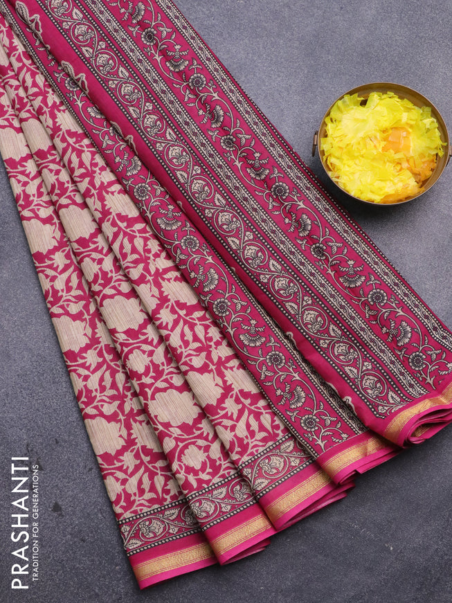 Muslin cotton saree pink and beige with allover prints and small zari woven border