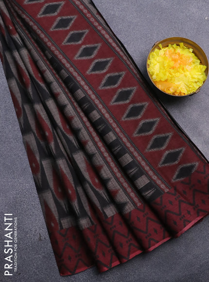 Muslin cotton saree grey black and maroon with allover ikat prints and simple border