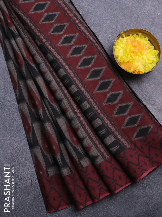 Muslin cotton saree grey black and maroon with allover ikat prints and simple border