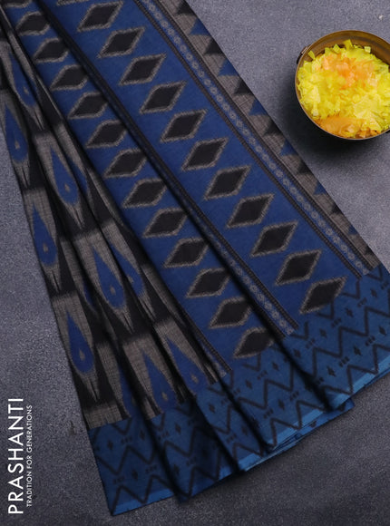 Muslin cotton saree grey black and blue with allover ikat prints and simple border