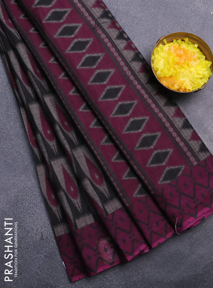 Muslin cotton saree grey black and purple with allover ikat prints and simple border