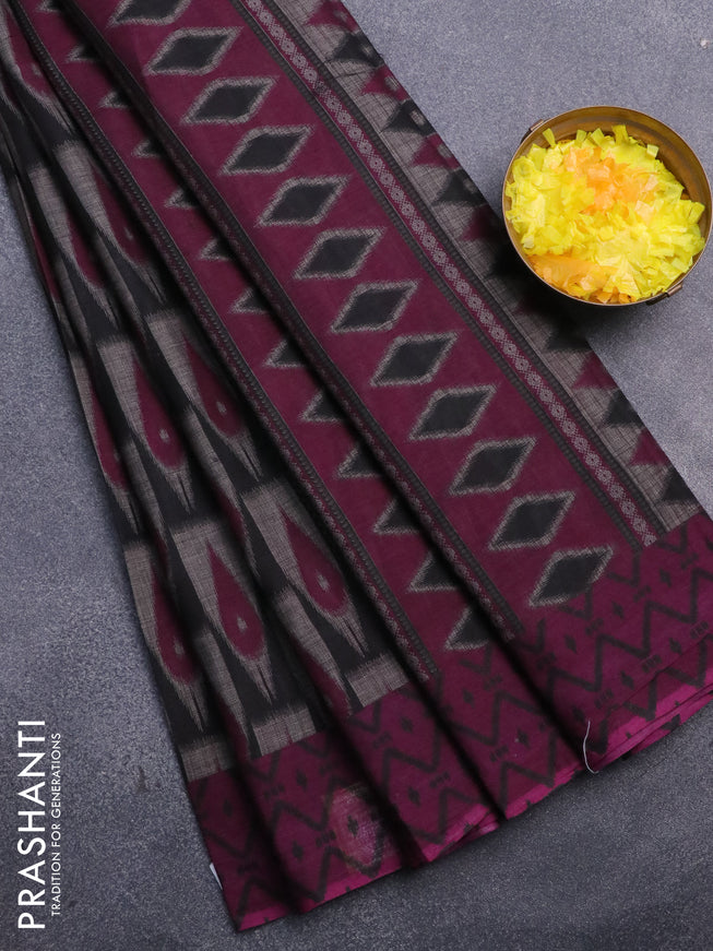 Muslin cotton saree grey black and purple with allover ikat prints and simple border