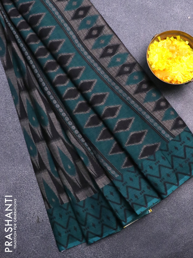 Muslin cotton saree grey black and teal green with allover ikat prints and simple border