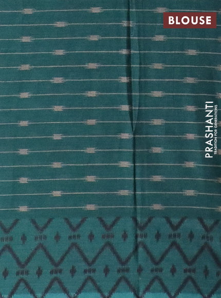 Muslin cotton saree grey black and teal green with allover ikat prints and simple border