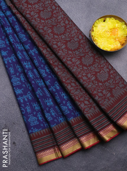 Muslin cotton saree blue and maroon with allover warli prints and thread woven border