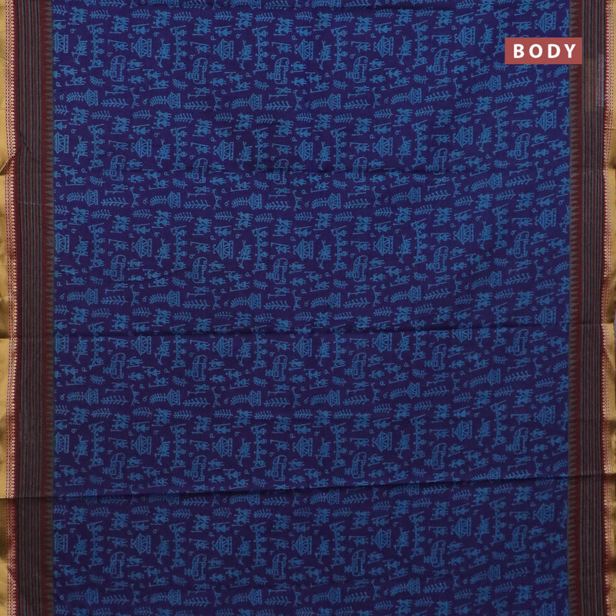 Muslin cotton saree blue and maroon with allover warli prints and thread woven border