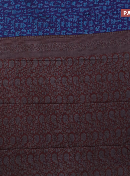 Muslin cotton saree blue and maroon with allover warli prints and thread woven border