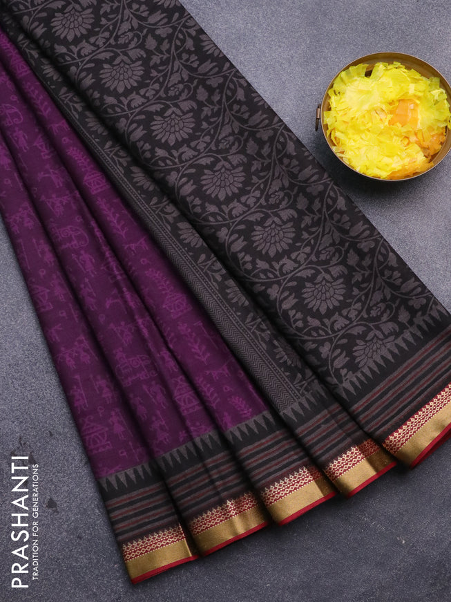 Muslin cotton saree purple and maroon with allover warli prints and thread woven border