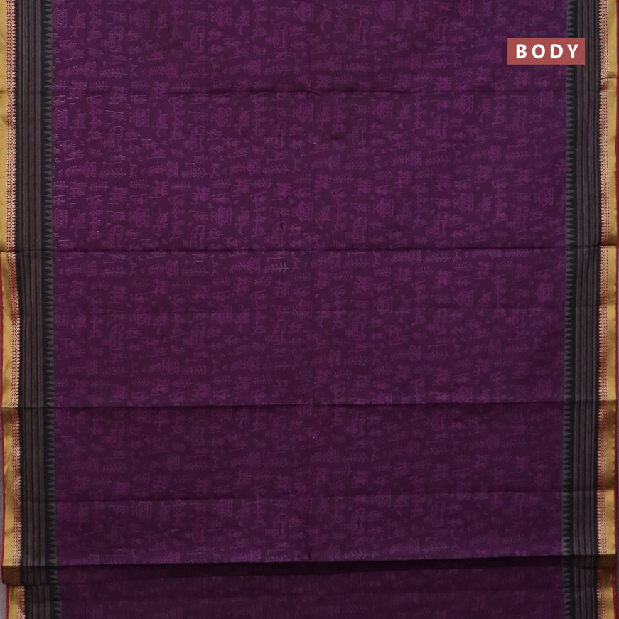 Muslin cotton saree purple and maroon with allover warli prints and thread woven border