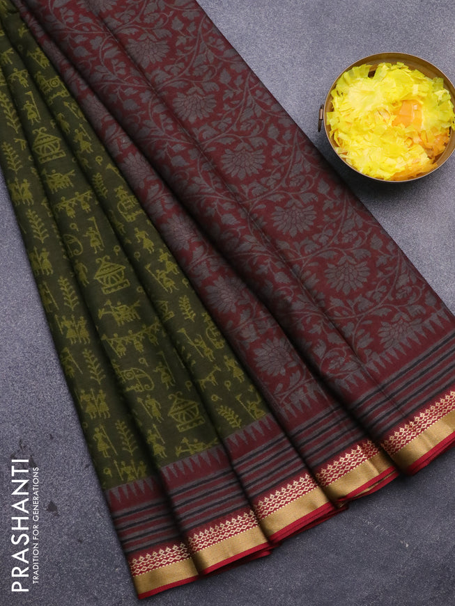 Muslin cotton saree sap green and maroon with allover warli prints and thread woven border