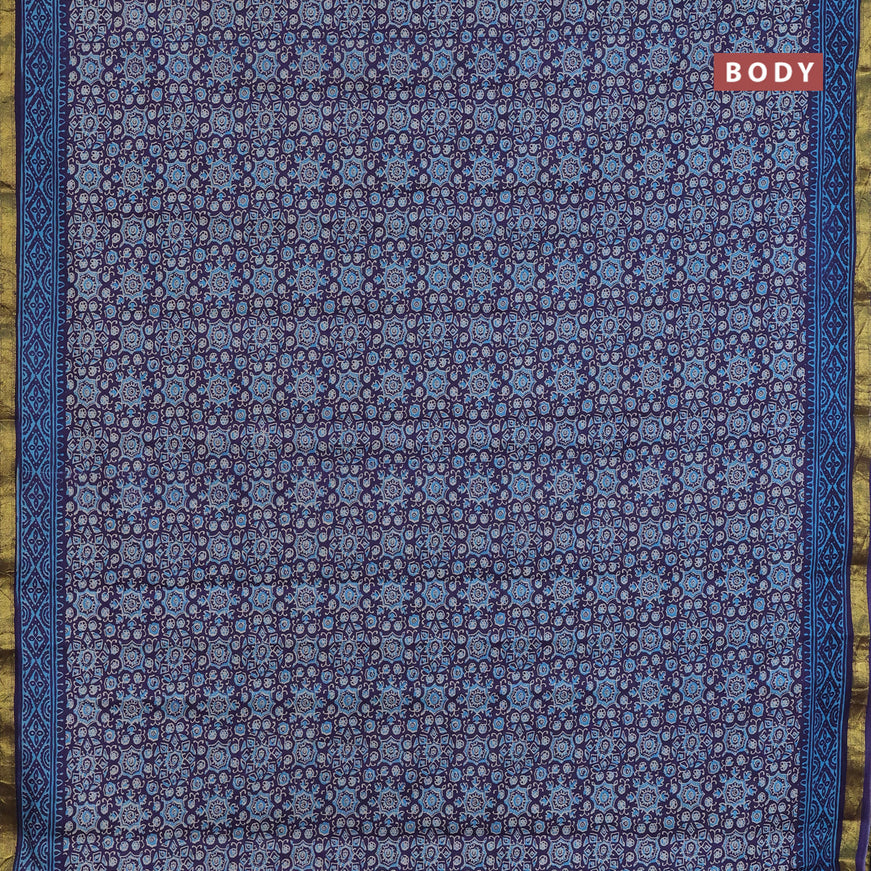 Muslin cotton saree blue with allover ajrakh prints and small zari woven border