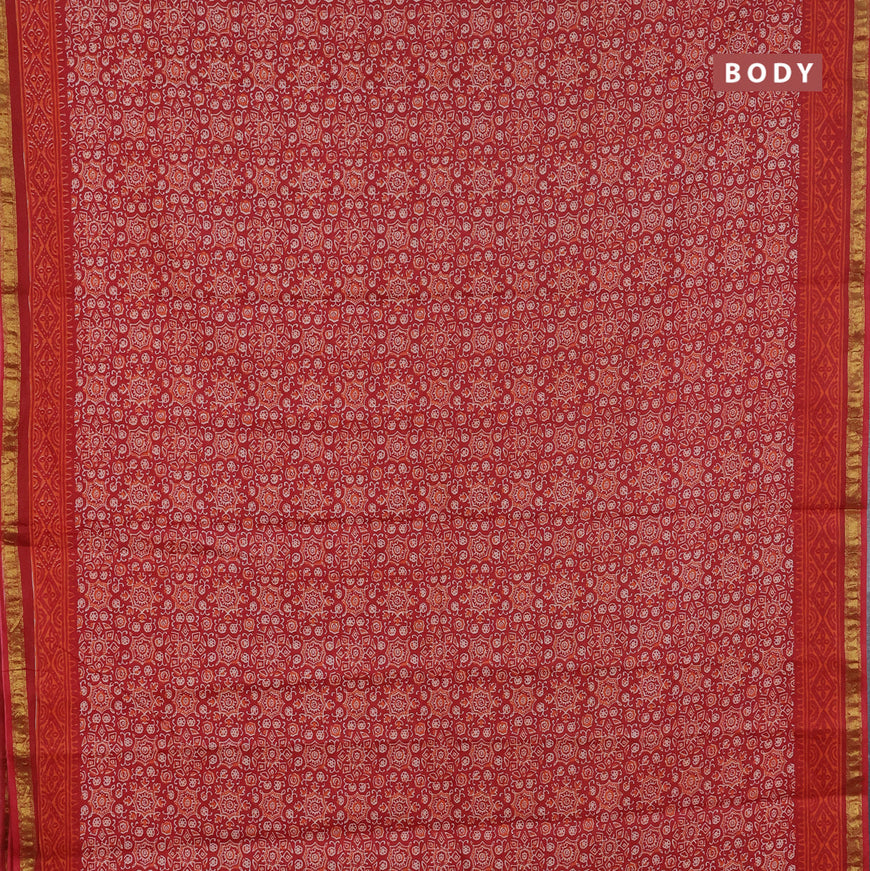 Muslin cotton saree red with allover ajrakh prints and small zari woven border