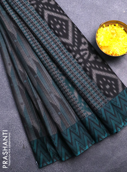 Muslin cotton saree grey and teal green with allover prints and printed border