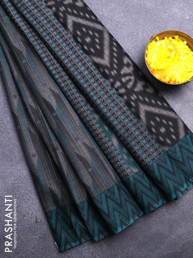 Muslin cotton saree grey and teal green with allover prints and printed border