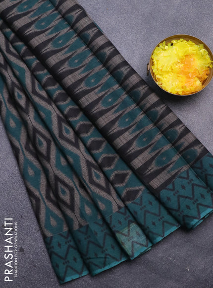 Muslin cotton saree grey and teal green with allover prints and printed border