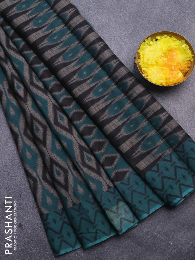 Muslin cotton saree grey and teal green with allover prints and printed border