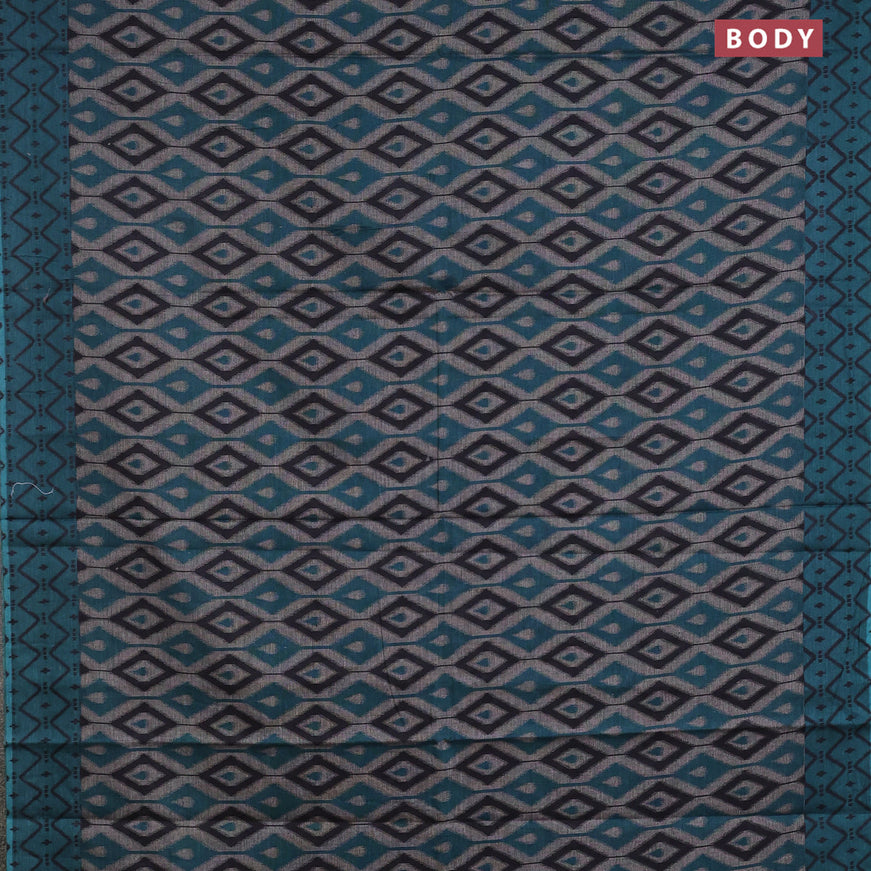 Muslin cotton saree grey and teal green with allover prints and printed border