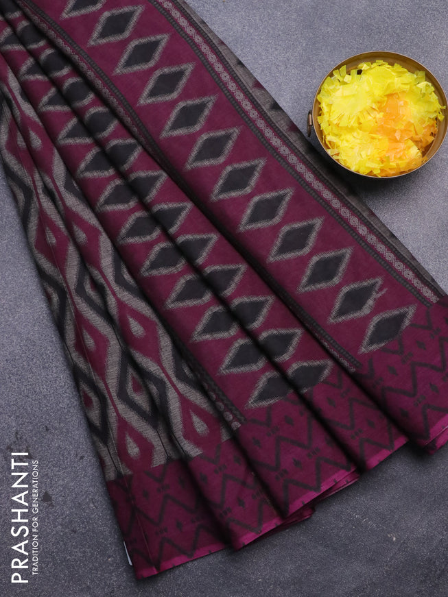 Muslin cotton saree grey and purple with allover prints and printed border