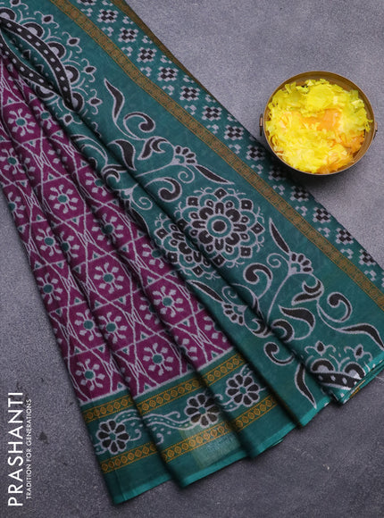 Muslin cotton saree purple and teal green with allover prints and printed border