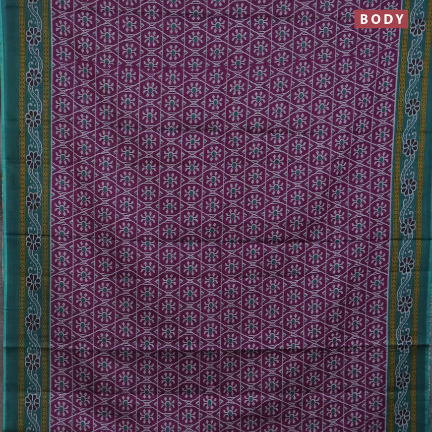 Muslin cotton saree purple and teal green with allover prints and printed border