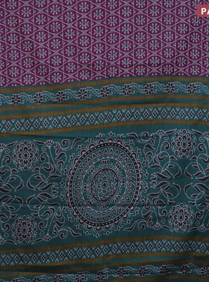 Muslin cotton saree purple and teal green with allover prints and printed border