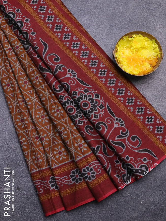 Muslin cotton saree mustard yellow and maroon with allover prints and printed border