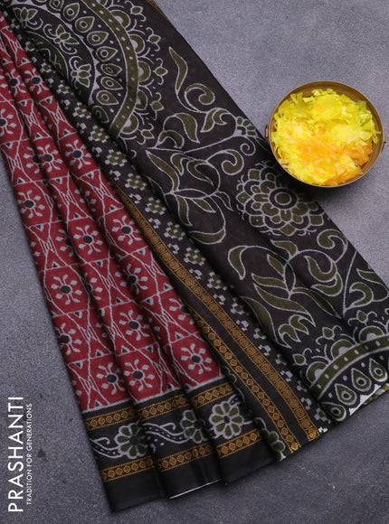 Muslin cotton saree maroon and black with allover prints and printed border