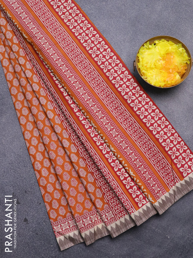 Muslin cotton saree mustard yellow and beige with allover floral butta prints and printed border