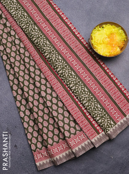 Muslin cotton saree sap green and beige with allover floral butta prints and printed border