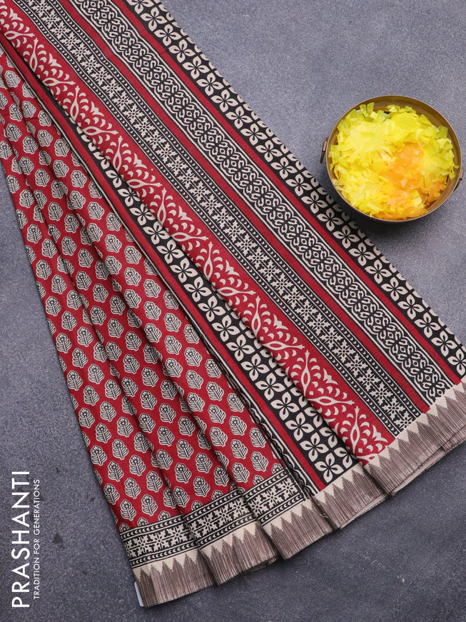 Muslin cotton saree maroon and beige with allover floral butta prints and printed border