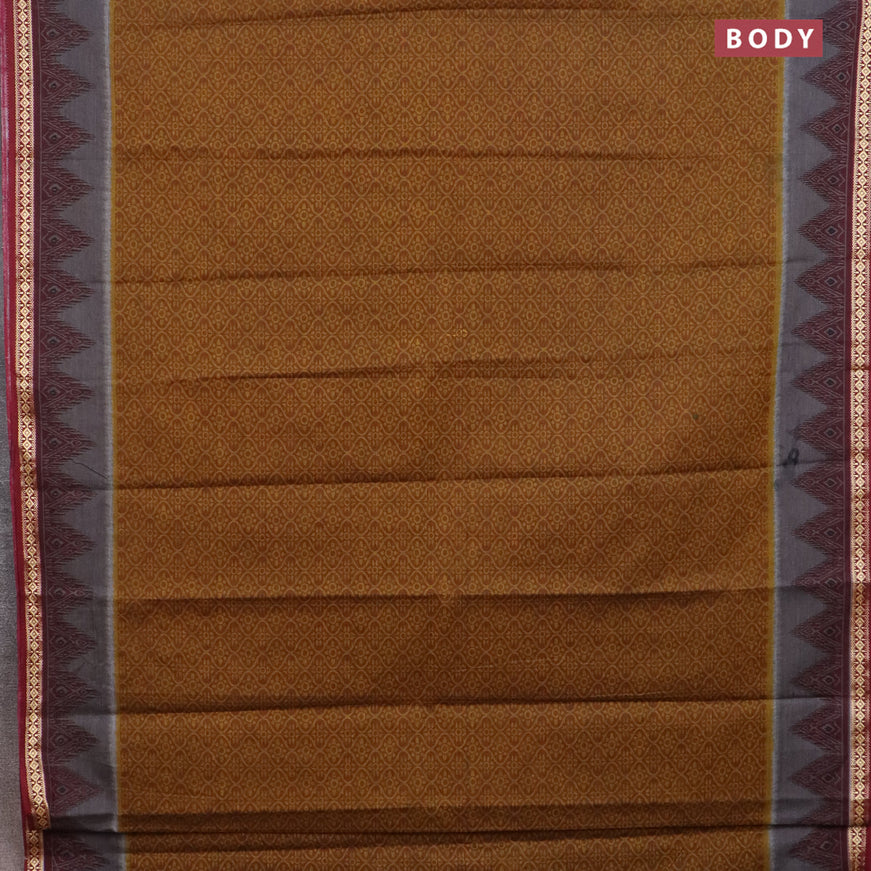 Muslin cotton saree mustard yellow and maroon with allover prints and thread woven border