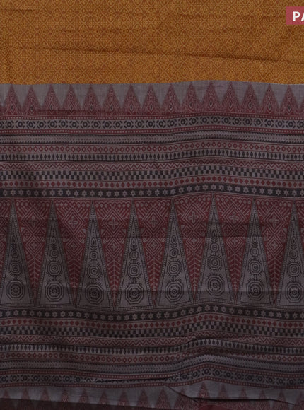 Muslin cotton saree mustard yellow and maroon with allover prints and thread woven border