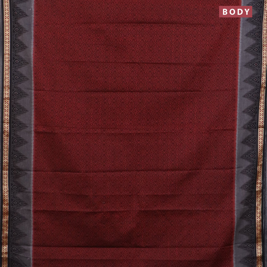 Muslin cotton saree maroon and black with allover prints and thread woven border