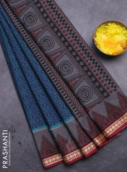 Muslin cotton saree blue and maroon with allover prints and thread woven border