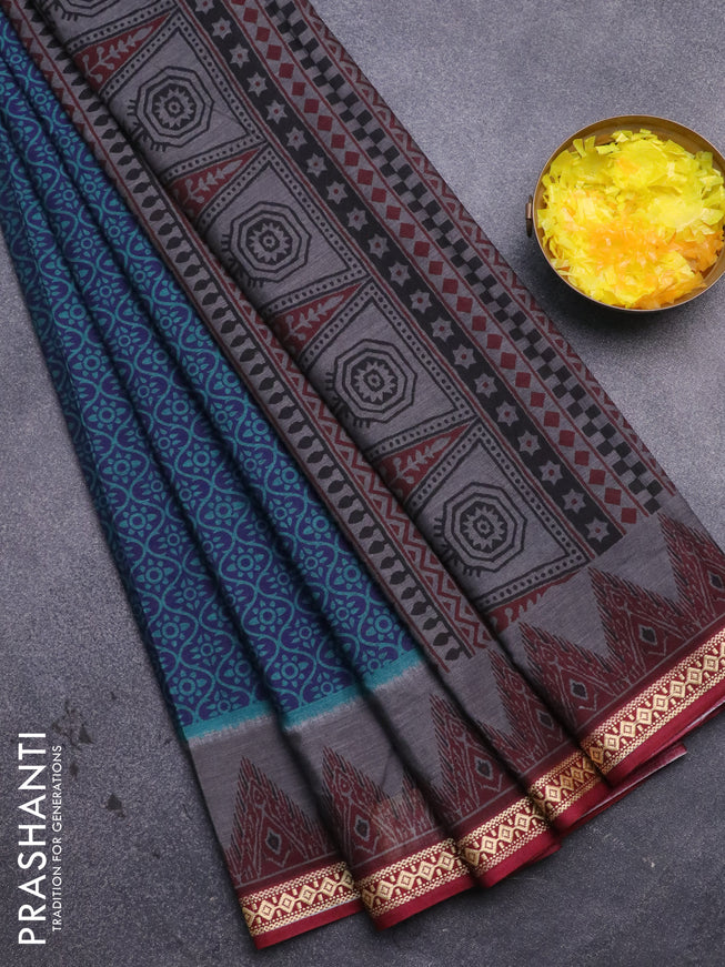 Muslin cotton saree blue and maroon with allover prints and thread woven border