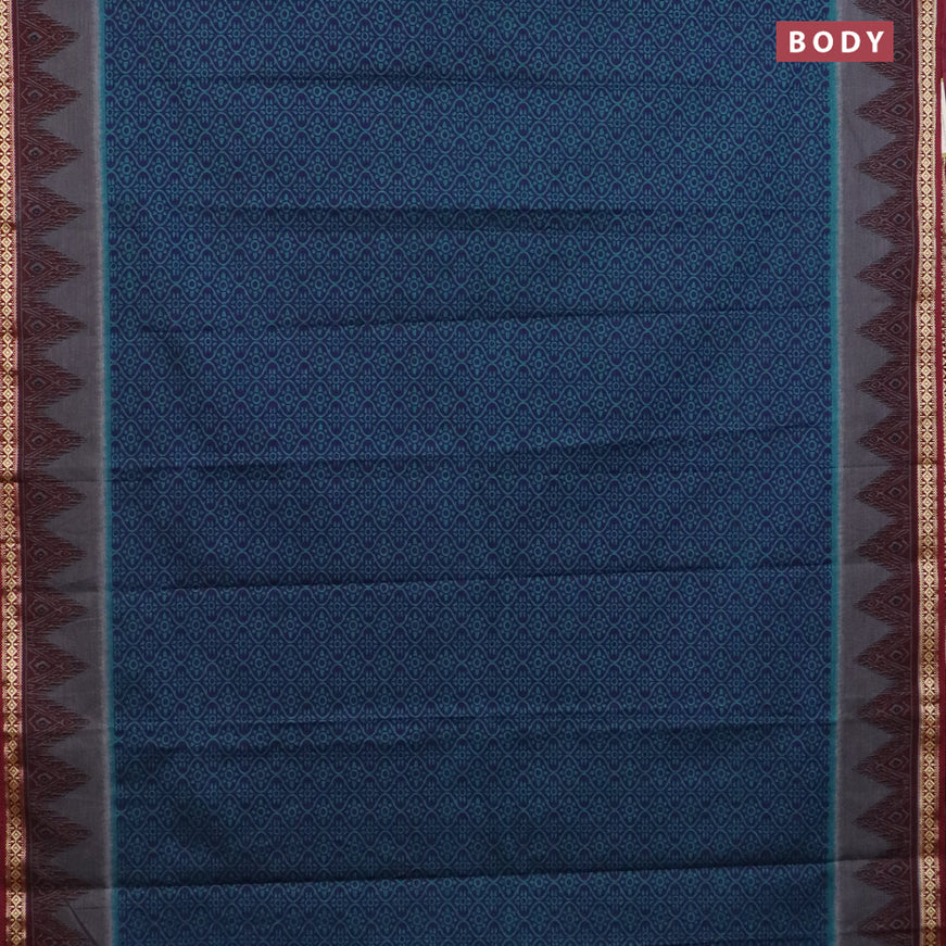 Muslin cotton saree blue and maroon with allover prints and thread woven border