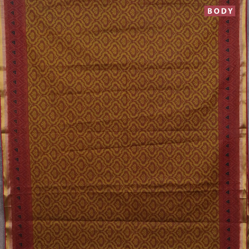 Muslin cotton saree dark mustard and maroon with allover prints and printed border