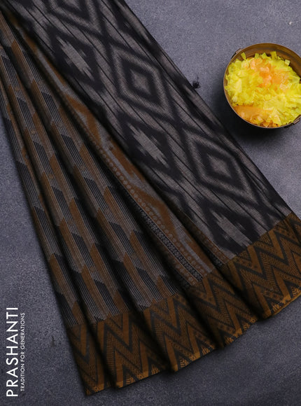 Muslin cotton saree grey black and dark mustard with allover prints and printed border