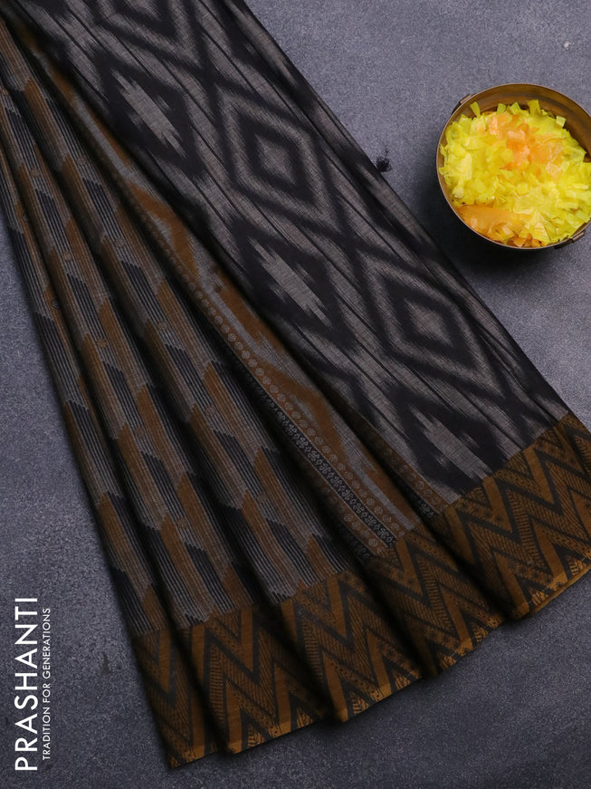 Muslin cotton saree grey black and dark mustard with allover prints and printed border