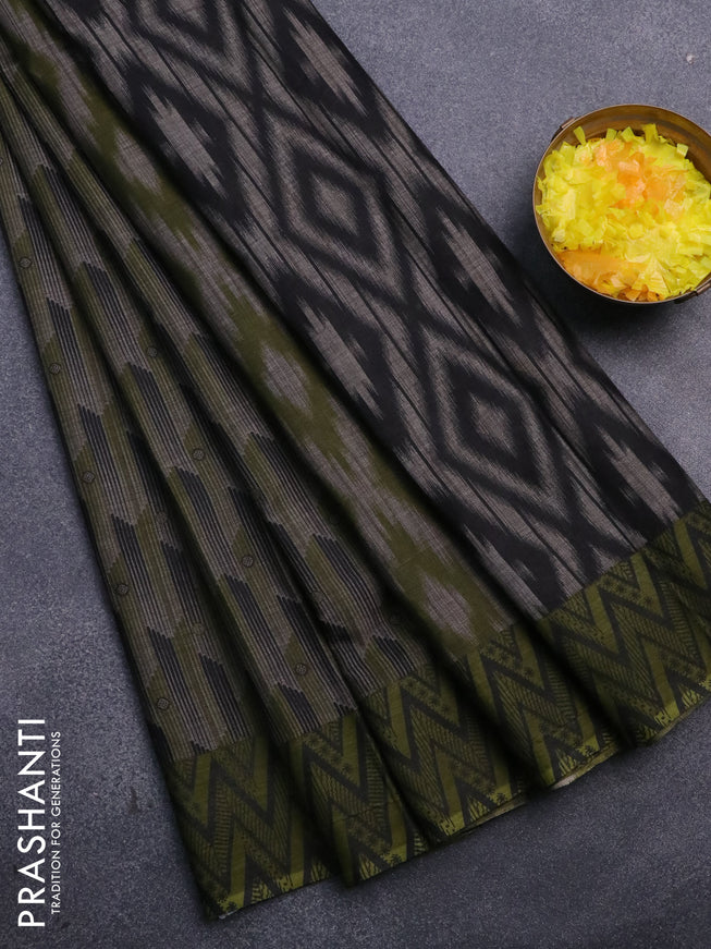 Muslin cotton saree grey black and sap green with allover prints and printed border