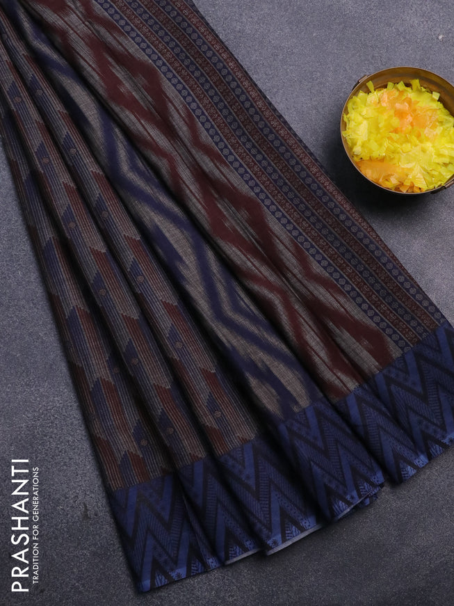 Muslin cotton saree grey maroon and blue with allover prints and printed border