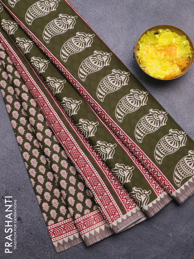 Muslin cotton saree sap green and beige with allover floral butta prints and printed border