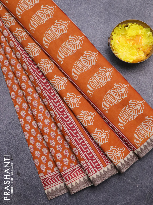 Muslin cotton saree orange and beige with allover floral butta prints and printed border