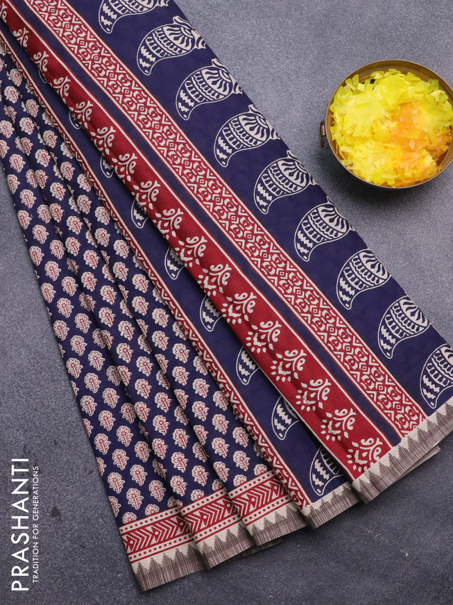 Muslin cotton saree dark blue and beige with allover floral butta prints and printed border