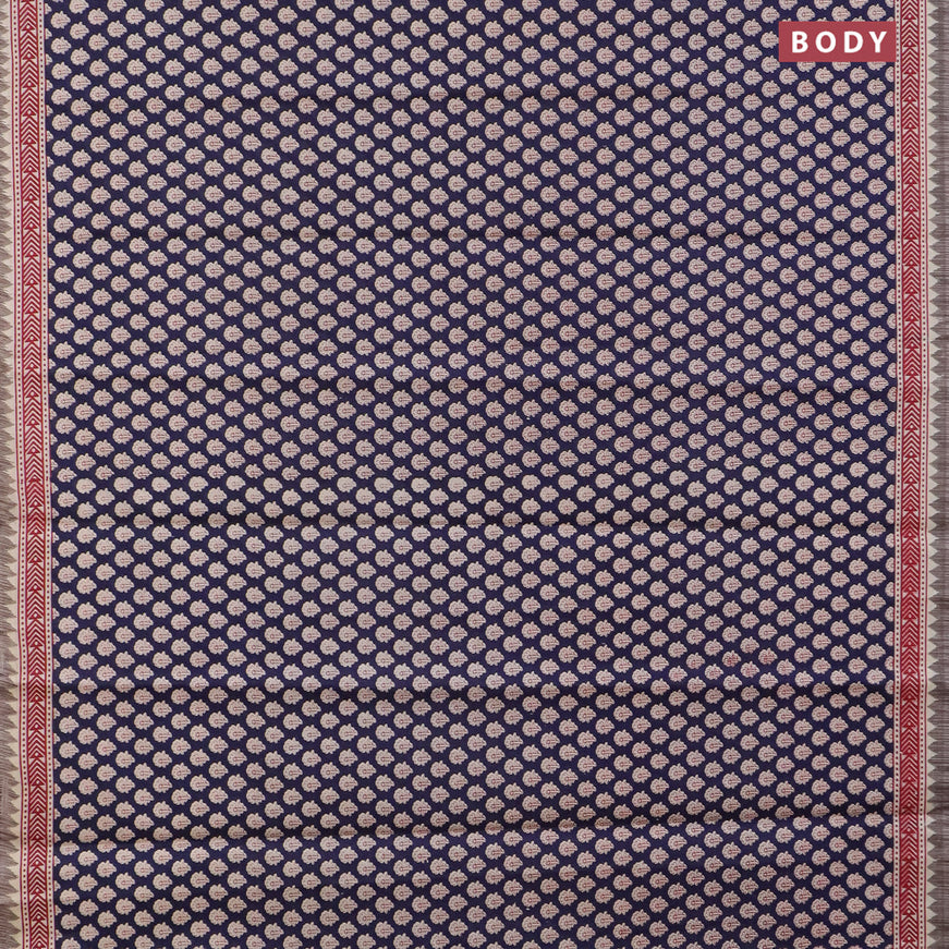 Muslin cotton saree dark blue and beige with allover floral butta prints and printed border