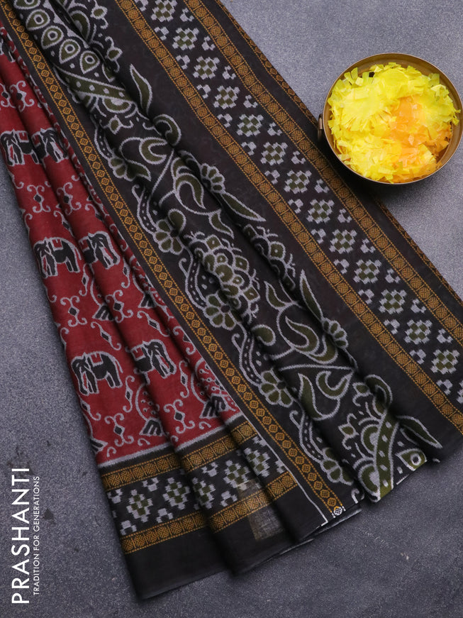 Muslin cotton saree maroon and black with allover ikat prints and printed border