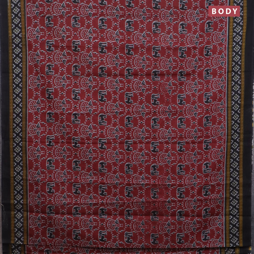 Muslin cotton saree maroon and black with allover ikat prints and printed border