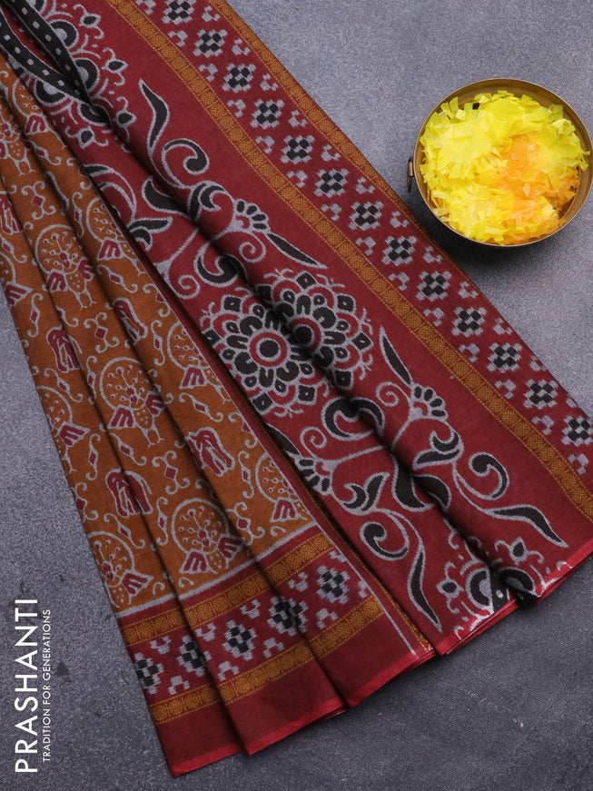 Muslin cotton saree dark mustard and maroon with allover ikat prints and printed border