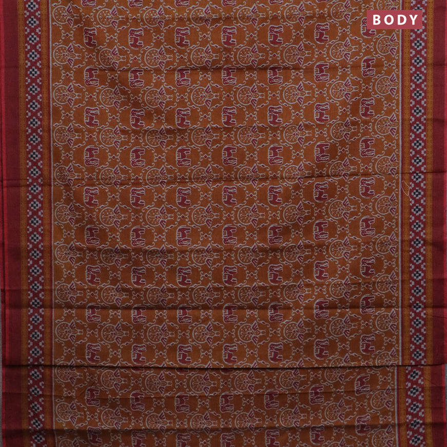 Muslin cotton saree dark mustard and maroon with allover ikat prints and printed border